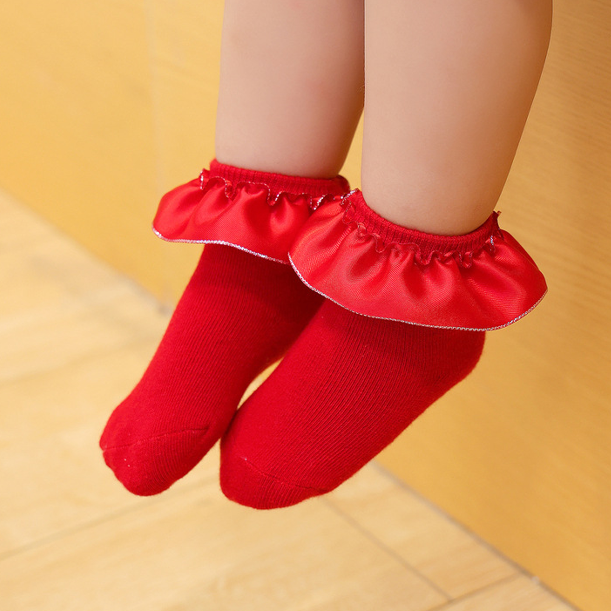 Solid Stitching Lace Socks - Red - 5-7Y - image 11