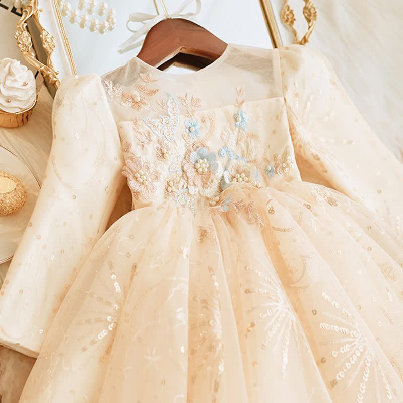 Mesh Rosette Sequins Long Sleeve Mid-long Dresses - image 6