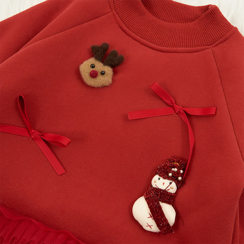 100% Cotton Christmas Snowman Deer Bow Long Sleeve Mid-long Dresses - image 8