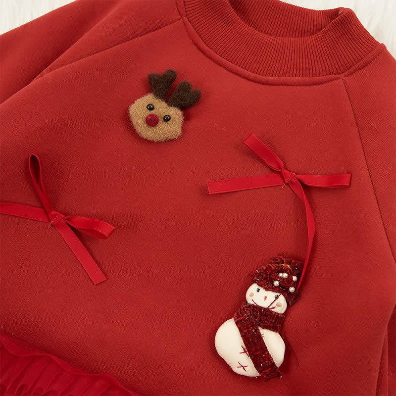 100% Cotton Christmas Snowman Deer Bow Long Sleeve Mid-long Dresses - image 8