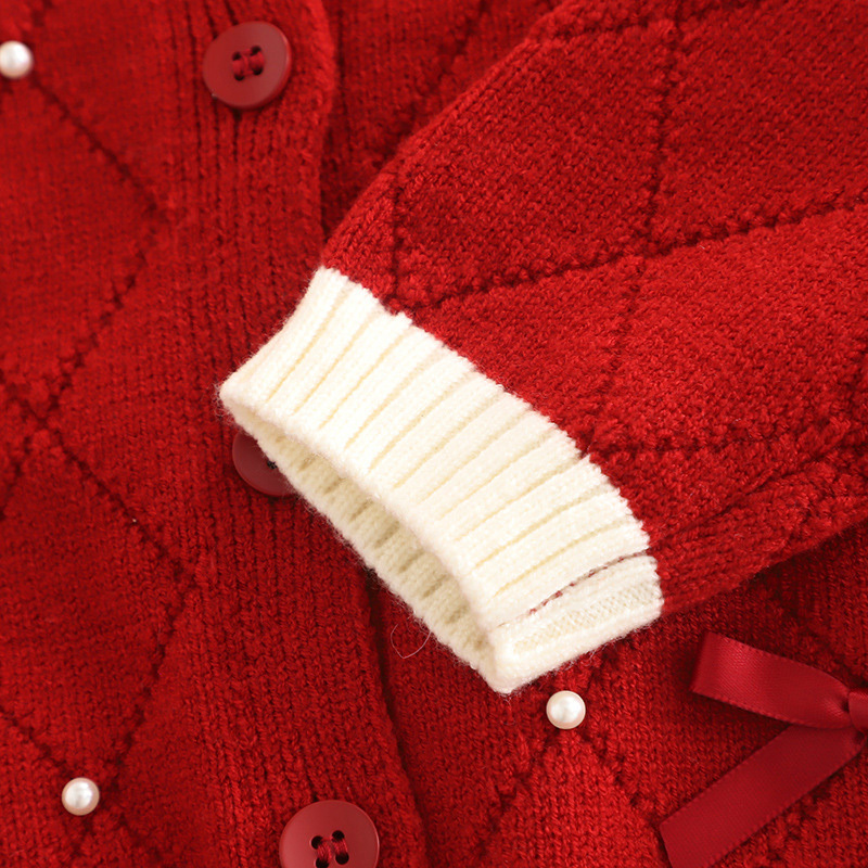 Yarn/wool Yarn Bow Imitation Pearls Long Sleeve Regular Two-piece Set - image 21