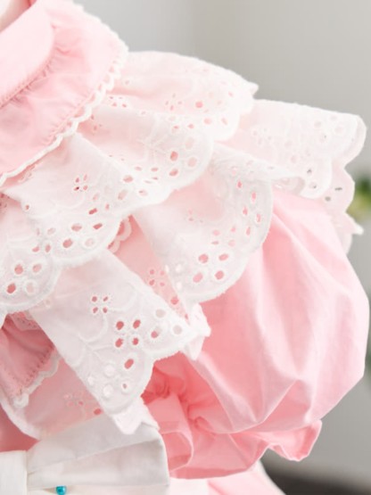 100% Cotton Bow Stitching Lace Short Sleeve Short Dresses - image 12