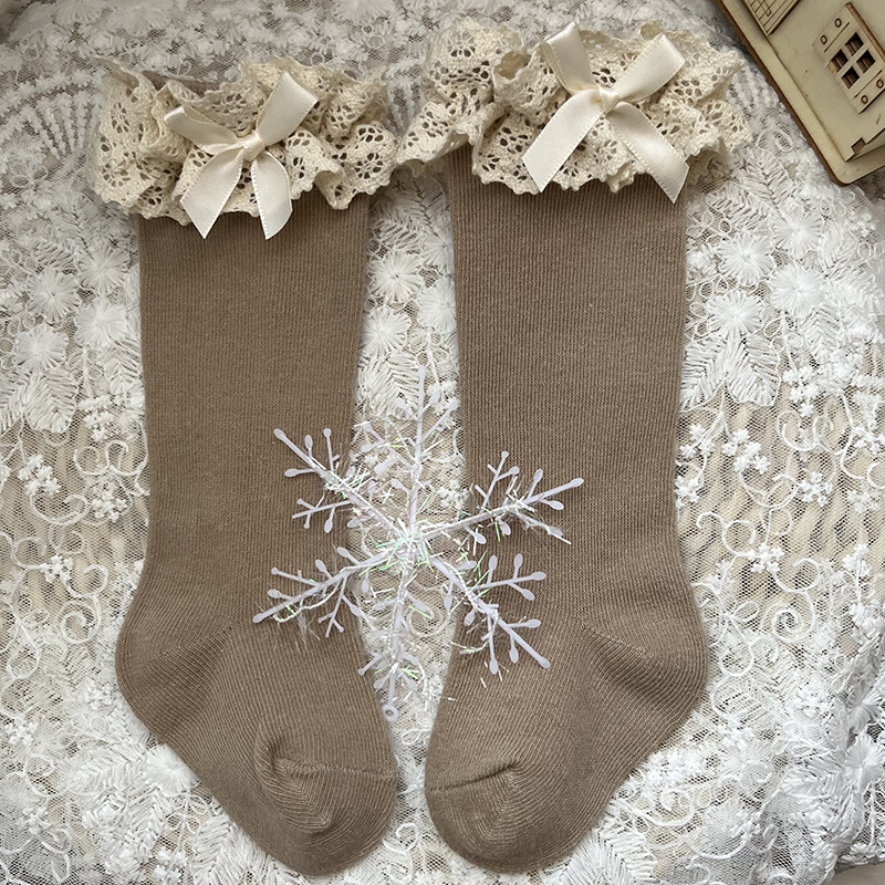 100% Cotton Solid With Bow Socks - Khaki - 3-5Y - image 7