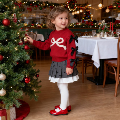 Yarn/wool Yarn Bow Pleated Long Sleeve Regular Dresses&two-piece Set - image 11