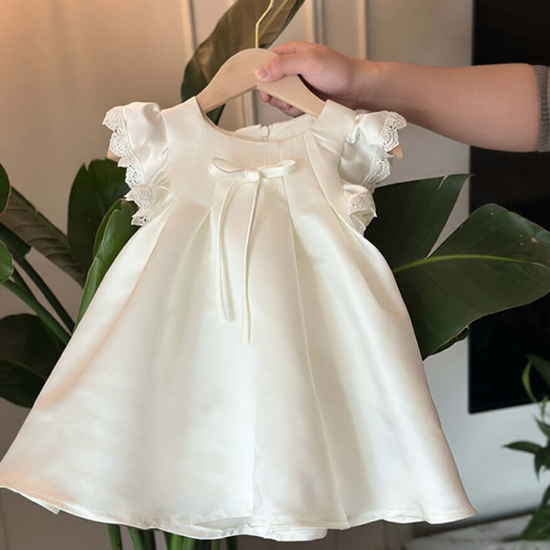 Satin Bow Lace Edge Cap Sleeve Short Dresses - image 3