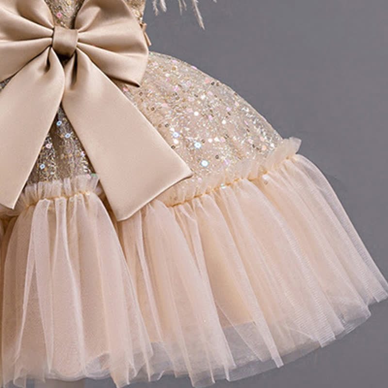 Mesh Feather-trimmed Bow Cap Sleeve Mid-long Dresses - image 30