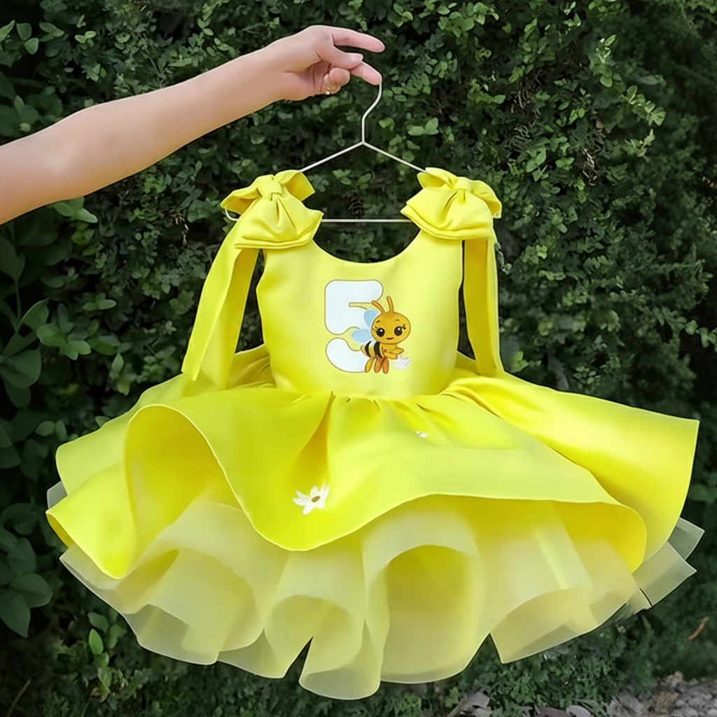 Satin Bow Printing Sleeveless Short Dresses - Yellow - 5Y - image 6