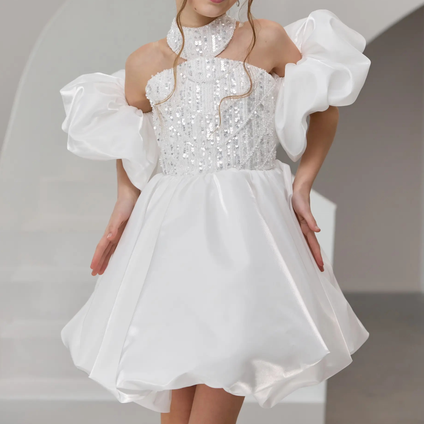 Satin & Glitter Sequins Sleeveless Short Dresses - image 9