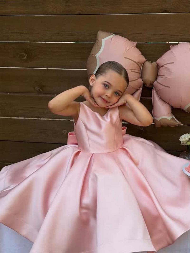 Satin Bow Sleeveless Mid-long Dresses - Pink - 6Y - image 10