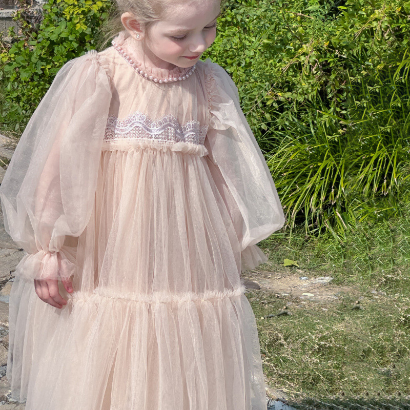 [Archive Sale] Mesh Folds Lace Long Sleeve Mid-long Dresses - image 7