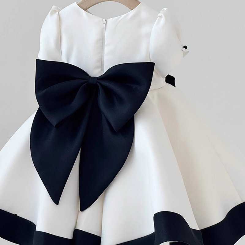 Satin Bow Imitation Pearls Short Sleeve Short Dresses - image 3