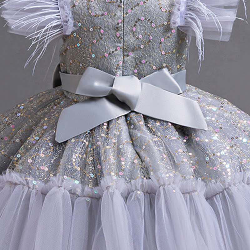 Mesh Feather-trimmed Bow Cap Sleeve Mid-long Dresses - image 5