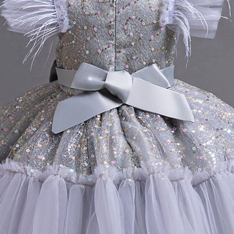 Mesh Feather-trimmed Bow Cap Sleeve Mid-long Dresses - image 5