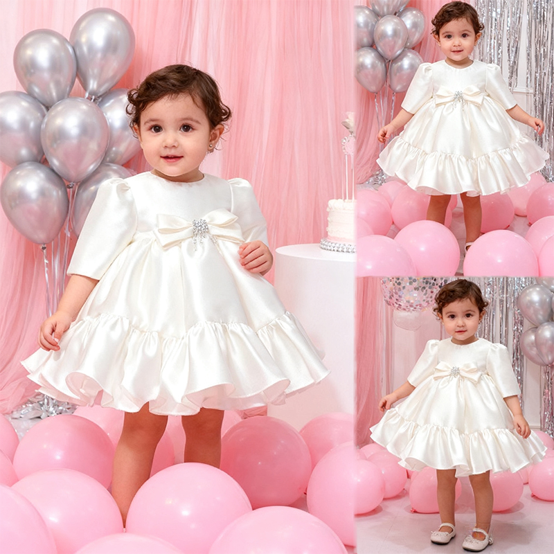 [Archive Sale] Satin Bow Long Sleeve Mid-long Dresses - image 3