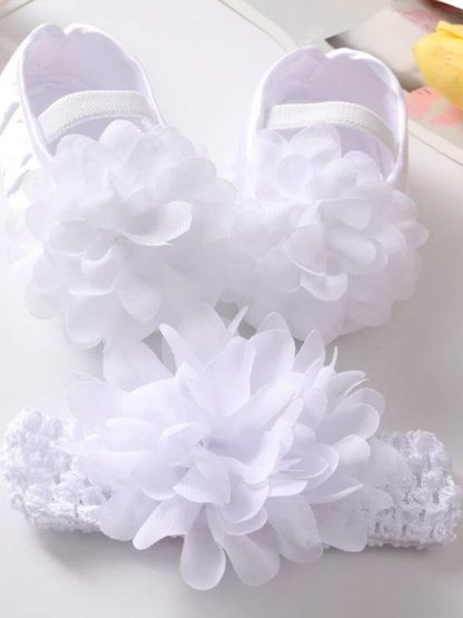 Elegant Mesh Rosette Birthday Dress Matching Set – 3PCS Baby Girl Outfit with Headband & Shoes - White Flower + Hair Band - 12-18M - image 25