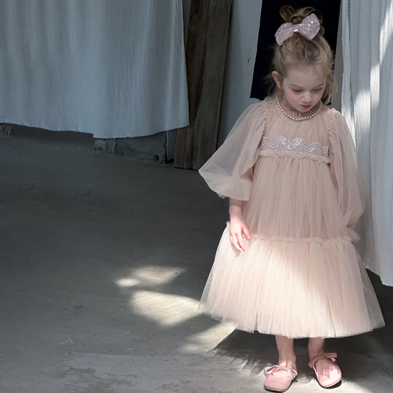 [Archive Sale] Mesh Folds Lace Long Sleeve Mid-long Dresses - image 17