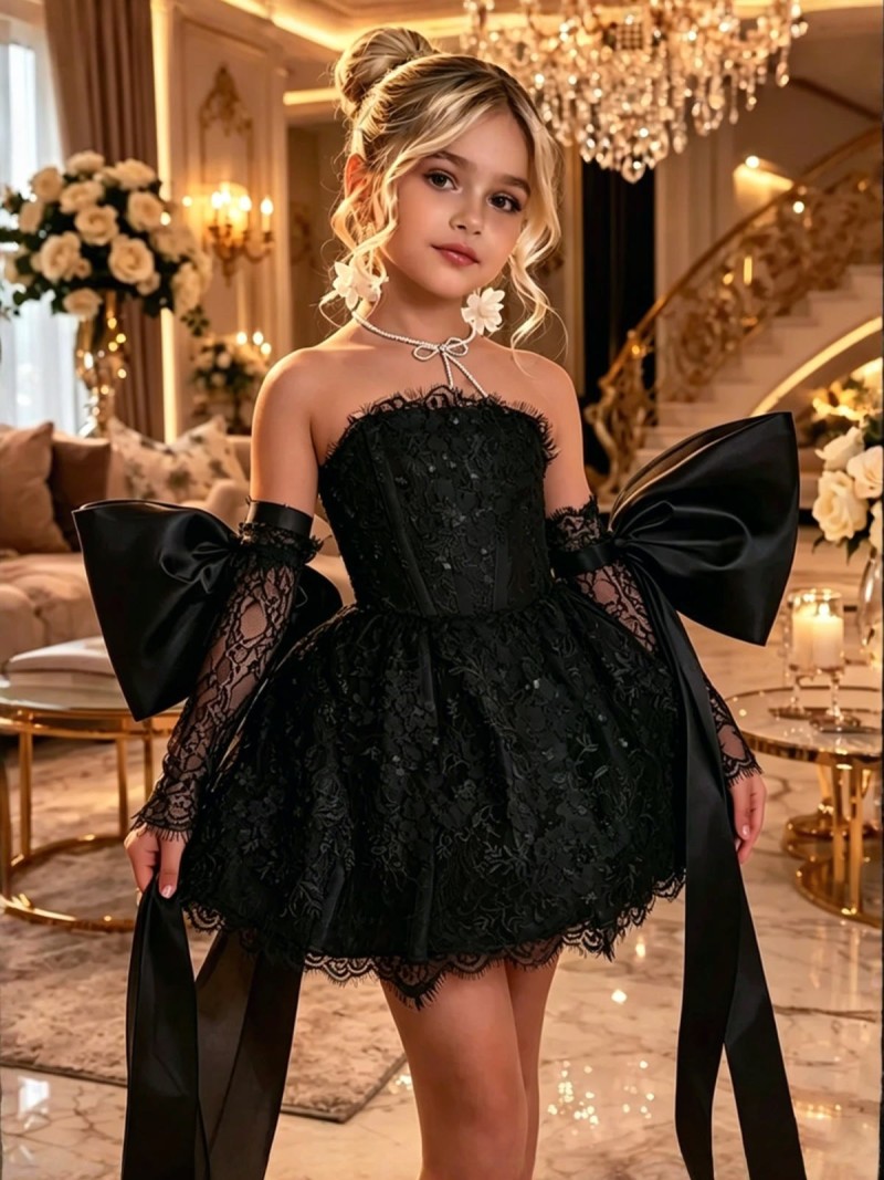 Lace Bow Sleeveless Short Dresses - Black - 11-12Y - image 5