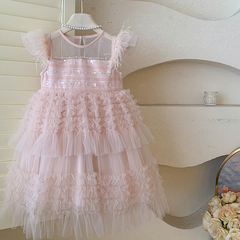 Mesh Folds Feather-trimmed Sleeveless Regular Dresses - image 11