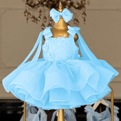 Organza Rosette Bow Sleeveless Regular Dresses - Blue - 11-12Y - image 1