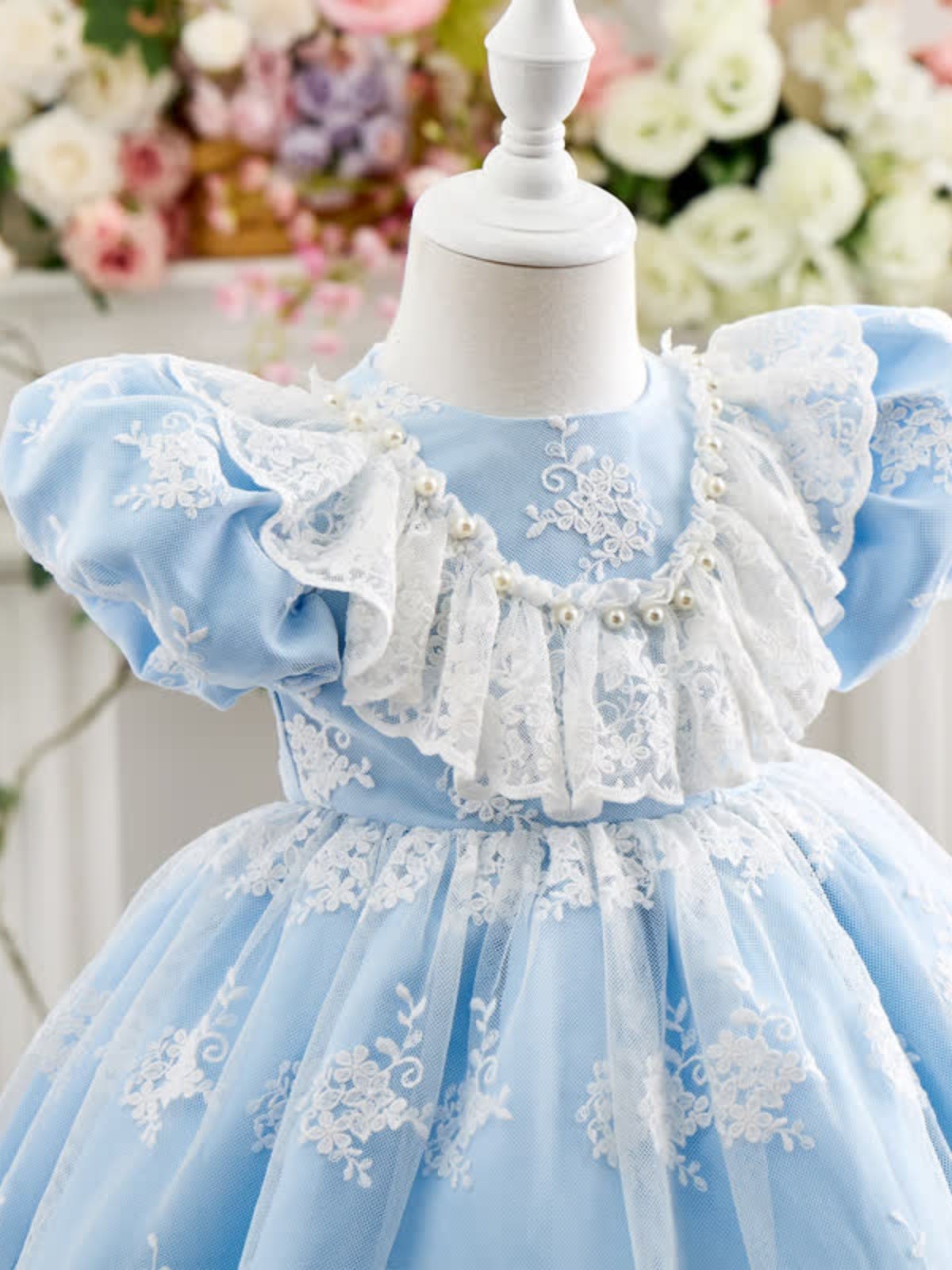 Satin & Mesh Pearl Lace Edge Short Sleeve Midi Dresses - image 11