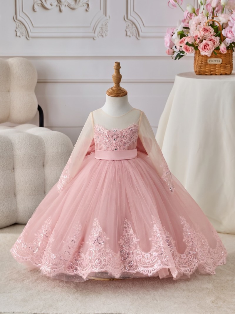 Satin Bow Long Sleeve Maxi Dresses - Pink - 150cm - image 23