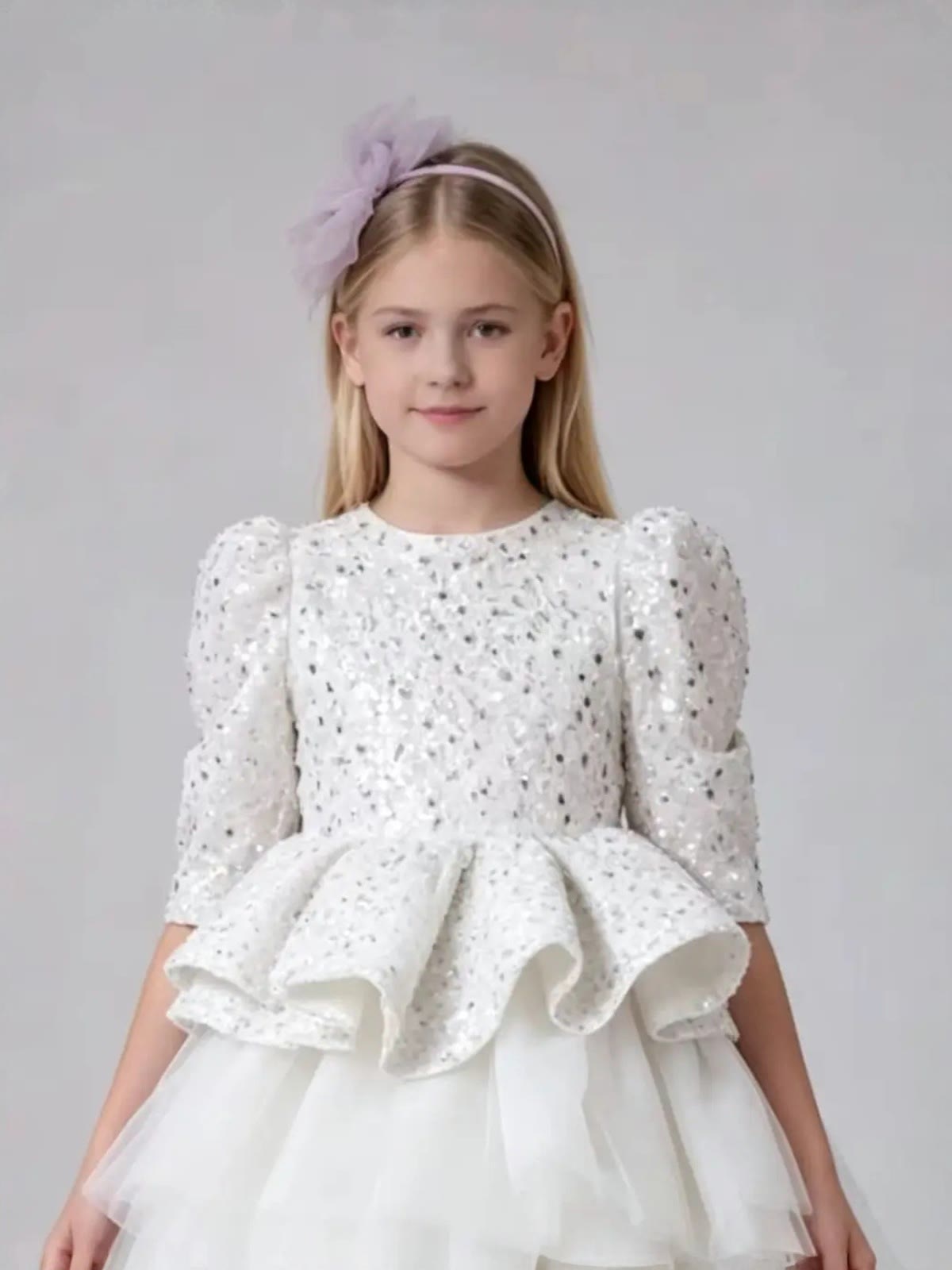 Mesh Sequins Half Sleeve Midi Dresses - White - 13-14Y - image 5
