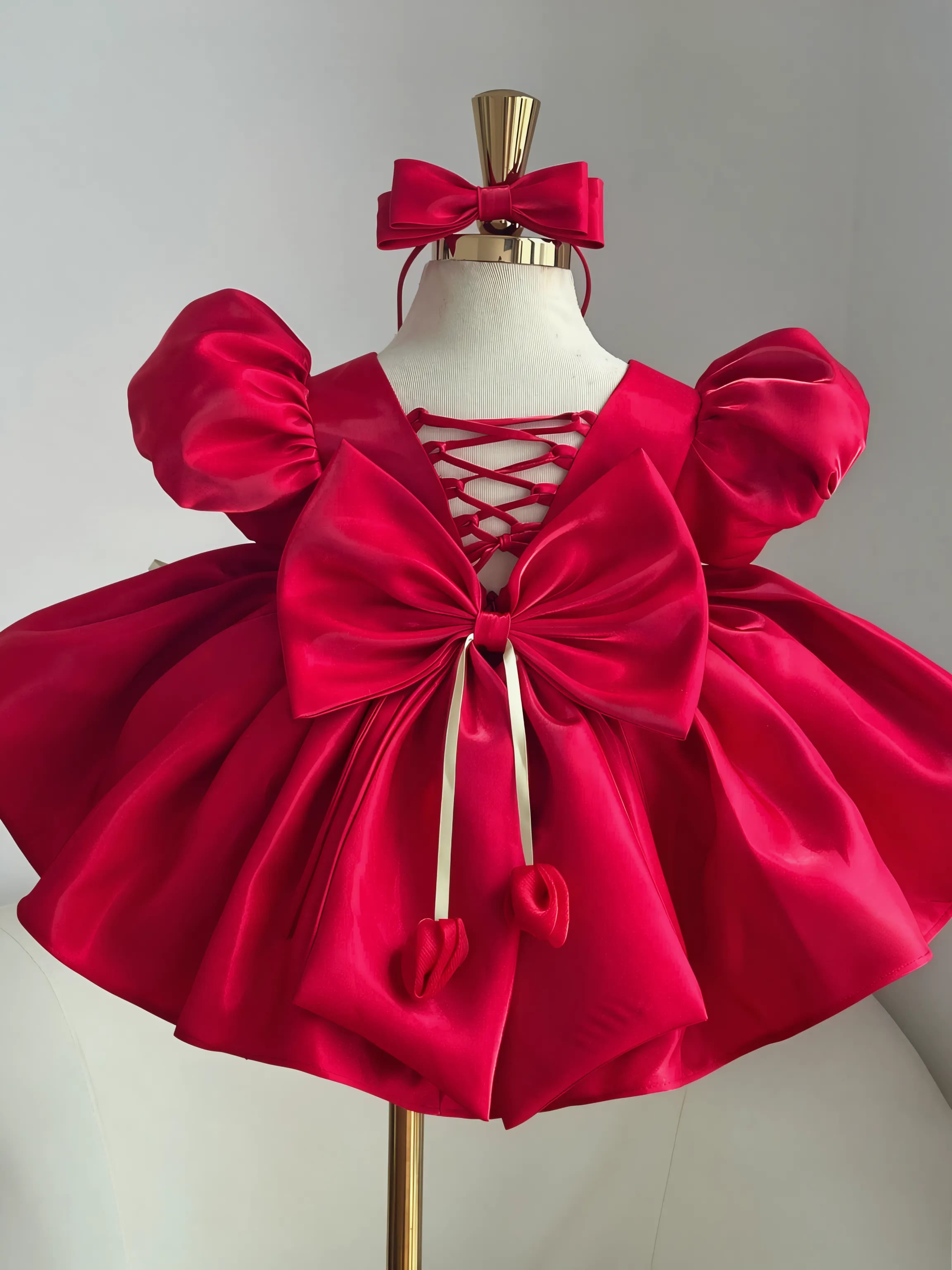 Satin Bow Short Sleeve Midi Dresses With Headband - image 4
