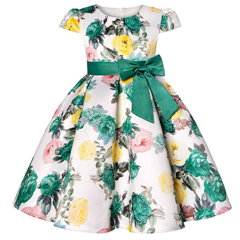 Satin Bow Short Sleeve Midi Dresses - White with Green Floral - 9-10Y - image 36