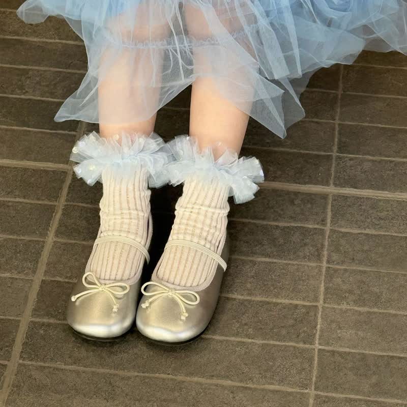 Polka Dots Stitching Lace Socks - Light Blue - image 3