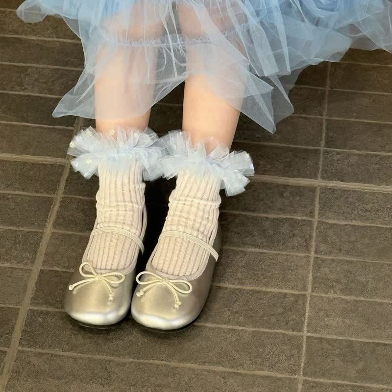 Polka Dots Stitching Lace Socks - Light Blue - image 3