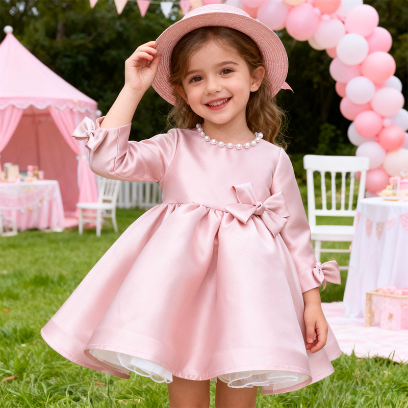 [Archive Sale] Satin Bow Imitation Pearls Long Sleeve Mid-long Dresses - image 5