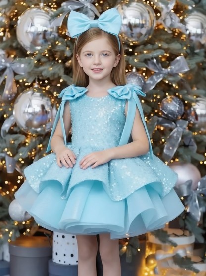 Glitter Bow Sleeveless Midi Dresses - Sky Blue - 12-13Y - image 8