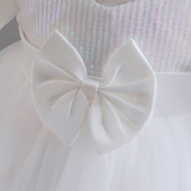 Mesh Bow Sequins Folds Short Sleeve Mid-long Dresses - image 6