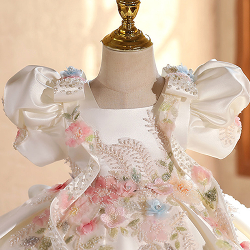 Satin & Embroidery Mesh Bow Rosette Short Sleeve Short Dresses - image 4