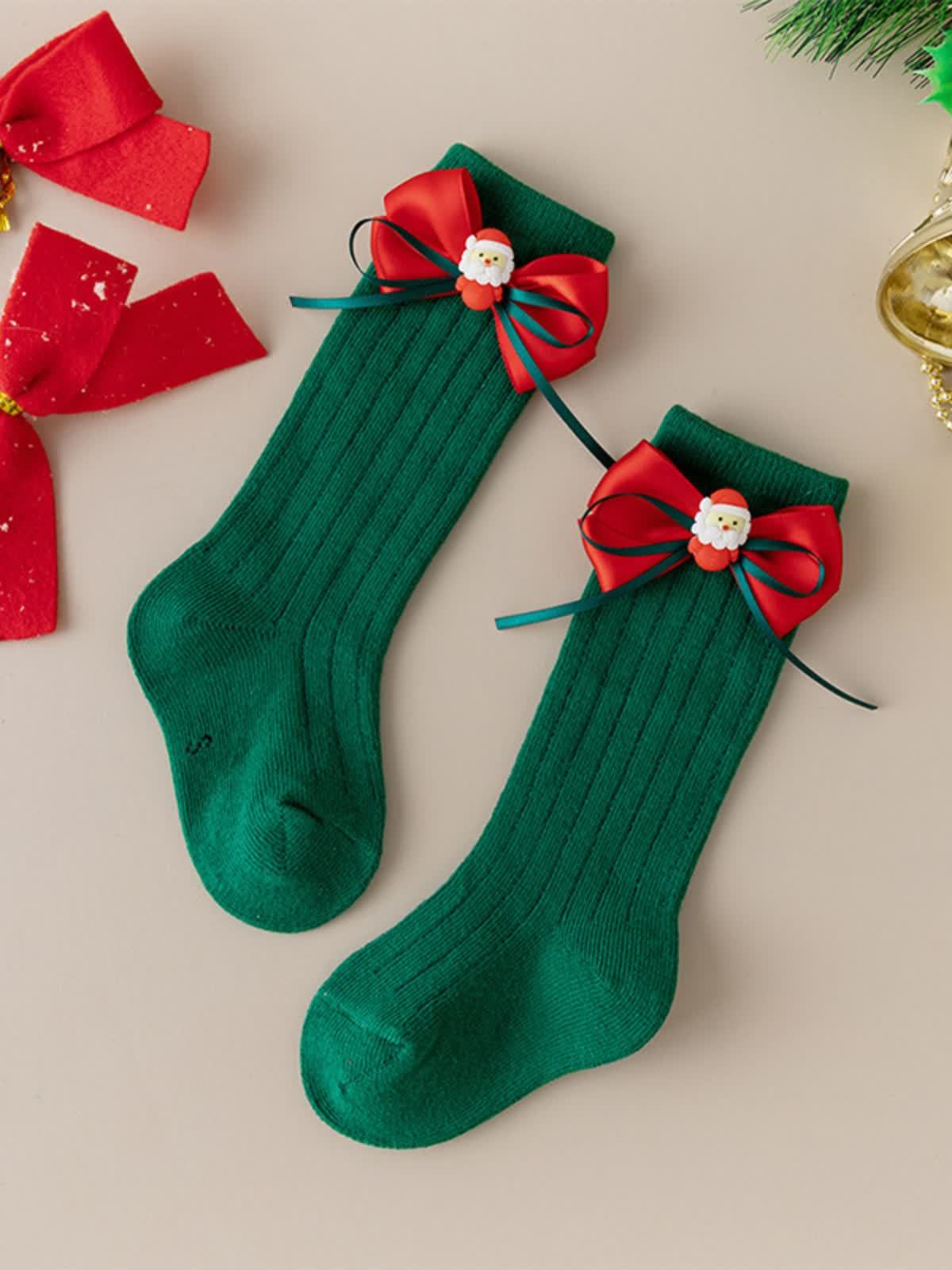 Solid With Bow Socks - Dark Green Santa Claus - 2-4Y - image 13