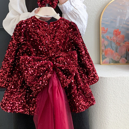 [Archive Sale] Cotton-blend Bow Fleece Sequins Long Sleeve Mid-long Dresses - image 9