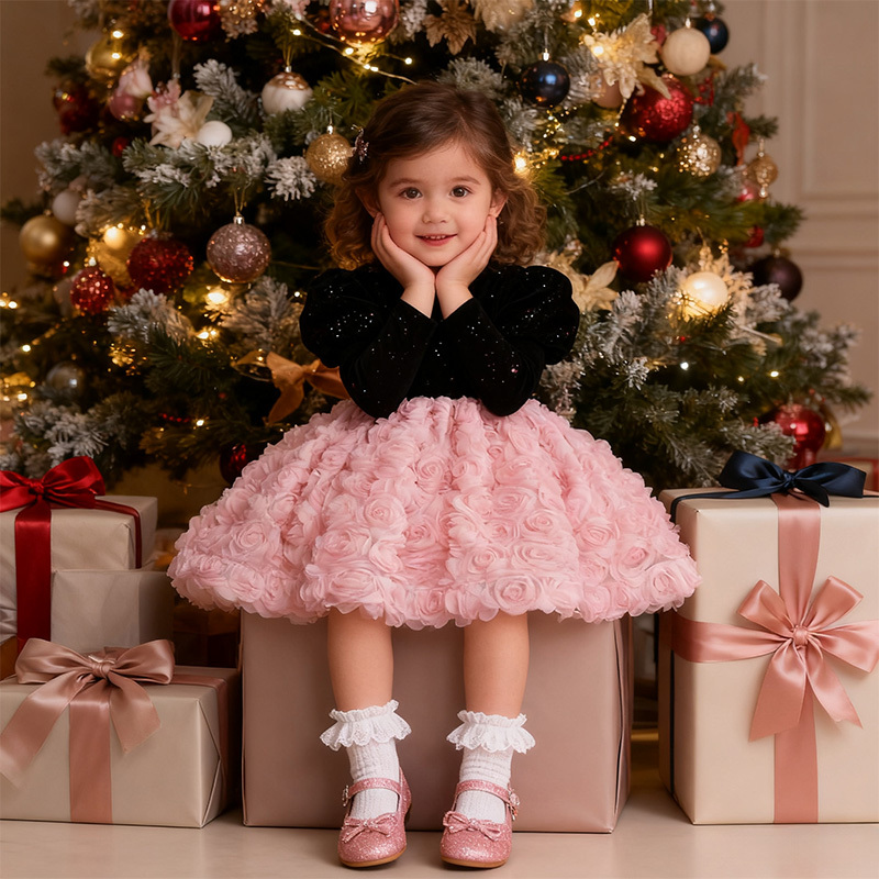 [Archive Sale] Velvet Rosette Long Sleeve Mid-long Dresses - image 6