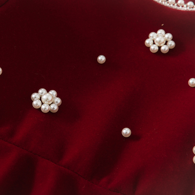 Velvet Imitation Pearls Short Sleeve Midi Dresses - image 9