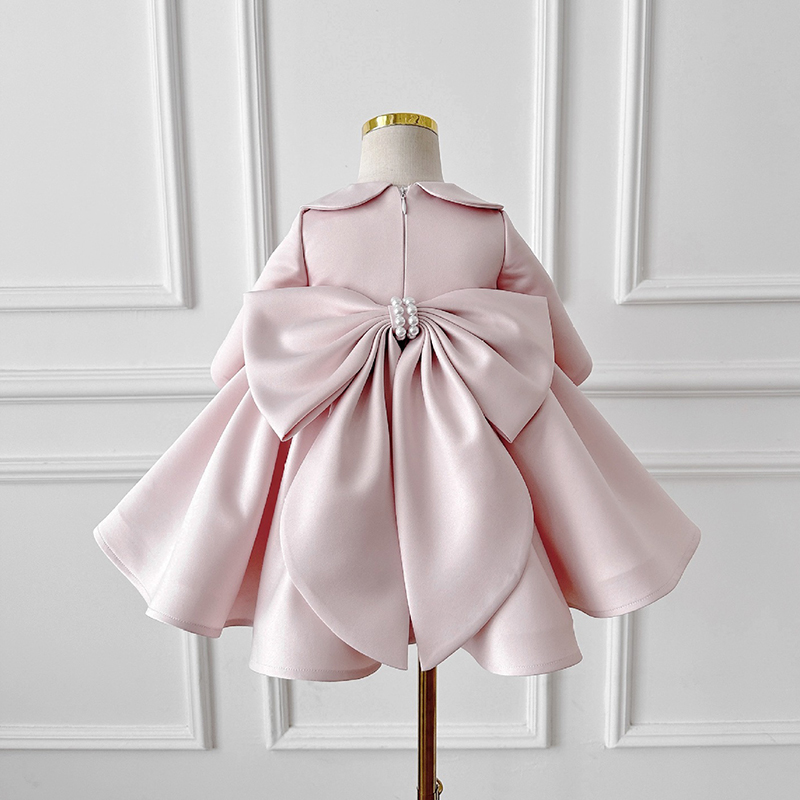 Satin Bow Imitation Pearls Long Sleeve Mid-long Dresses - image 3