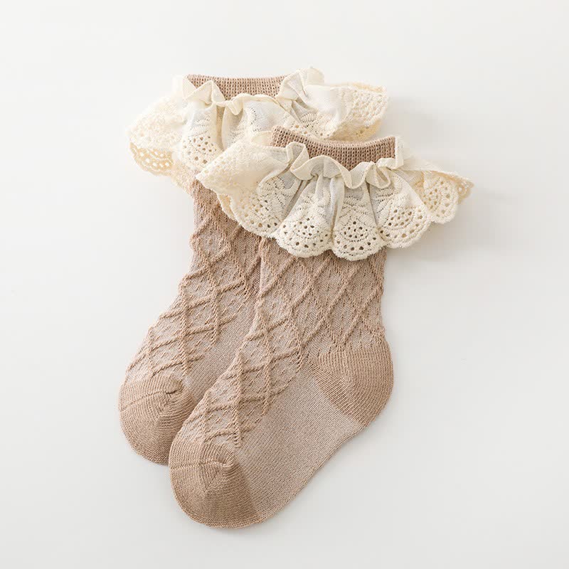 Solid Stitching Lace Socks - Coffee - 3-5Y - image 9
