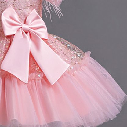 Mesh Feather-trimmed Bow Cap Sleeve Mid-long Dresses - image 12