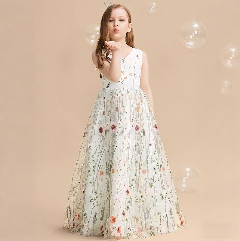 Mesh Floral-embroidered Sleeveless Long Dresses - image 5