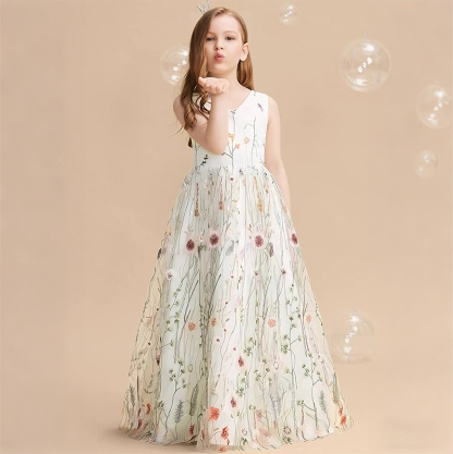 Mesh Floral-embroidered Sleeveless Long Dresses - image 5