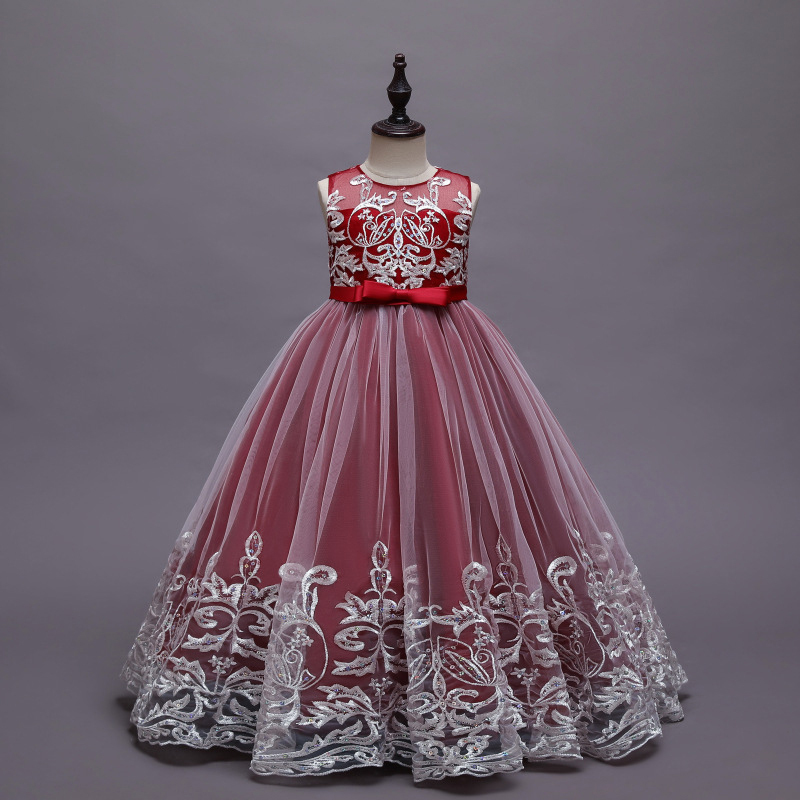 Mesh Lace Bow Lace Sleeveless Long Dresses - Claret - 12-13Y - image 34