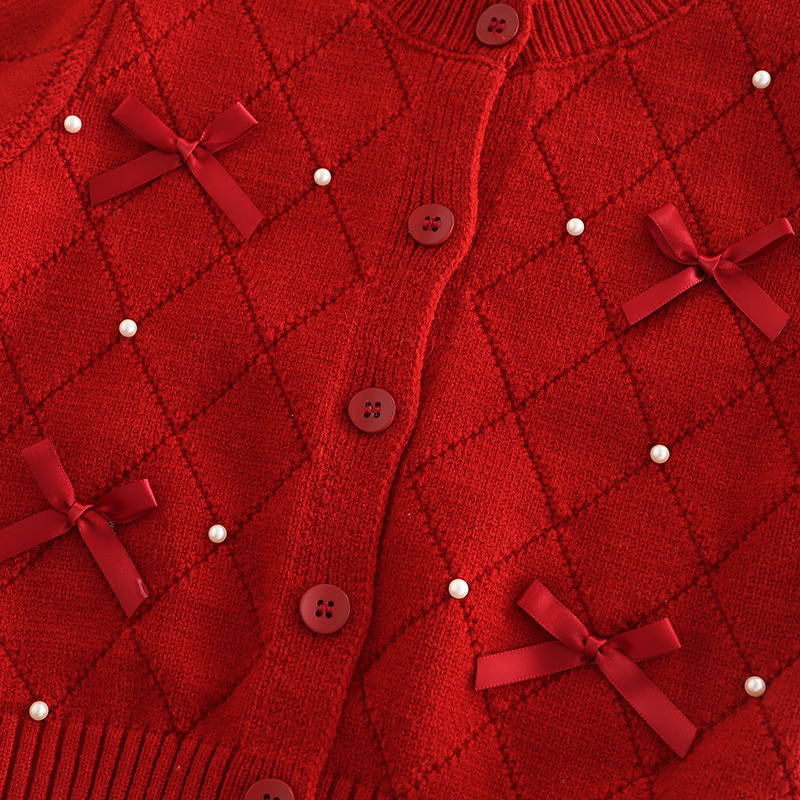 Yarn/wool Yarn Bow Imitation Pearls Long Sleeve Regular Two-piece Set - image 18