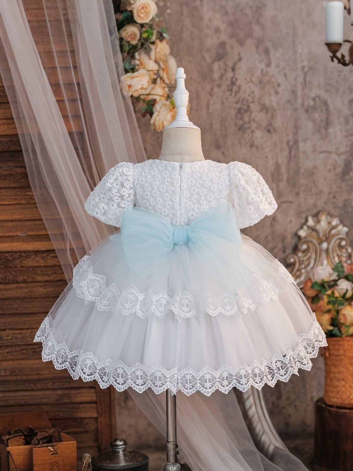 Mesh Bow Short Sleeve Short Dresses - image 4