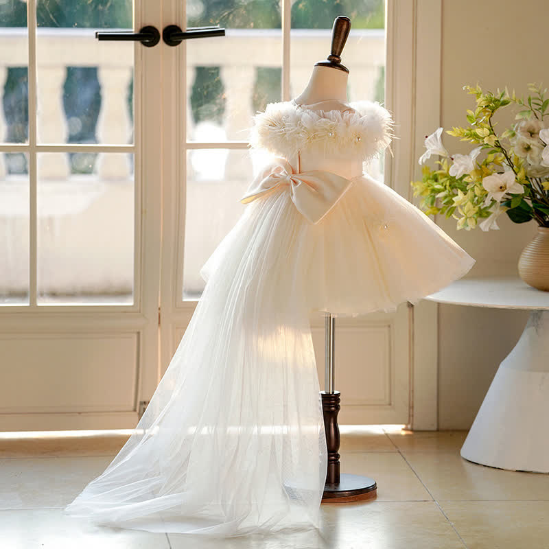 Chemical Fiber Blend Imitation Pearls Bow Feather-trimmed Short Sleeve Mid-long Dresses - image 5
