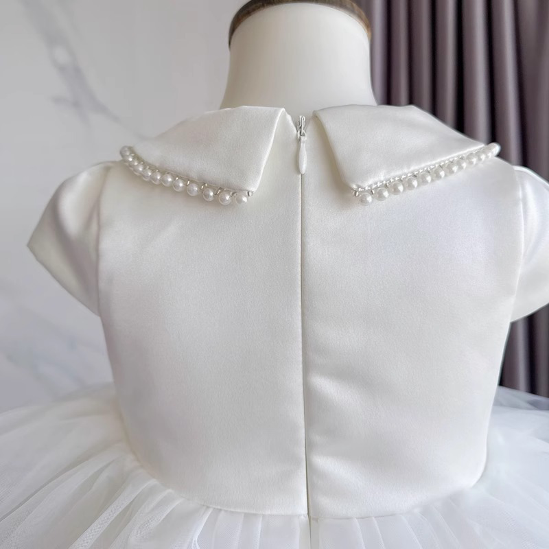 Satin Imitation Pearls Split Joint Folds Short Sleeve Midi Dresses - image 8