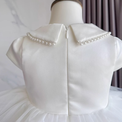 Satin Imitation Pearls Split Joint Folds Short Sleeve Midi Dresses - image 8