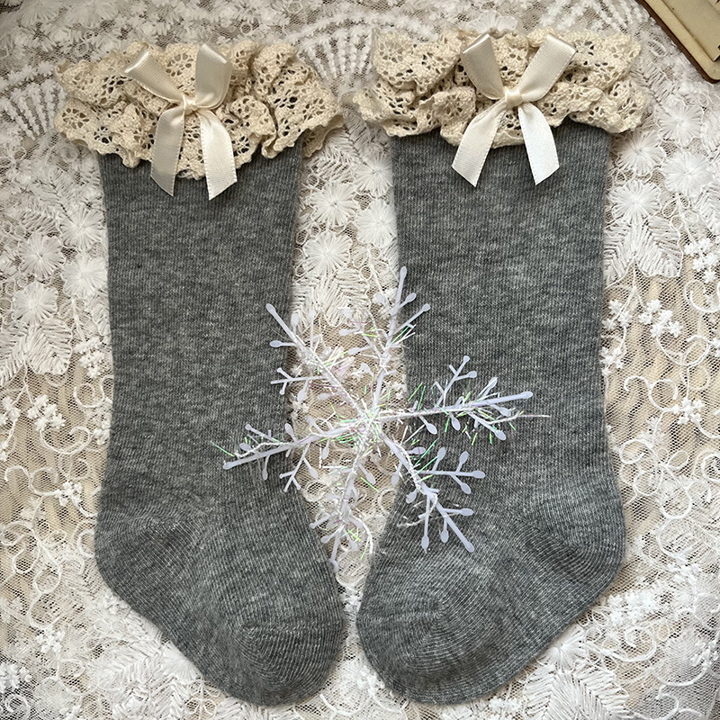 100% Cotton Solid With Bow Socks - Grey - 3-5Y - image 6
